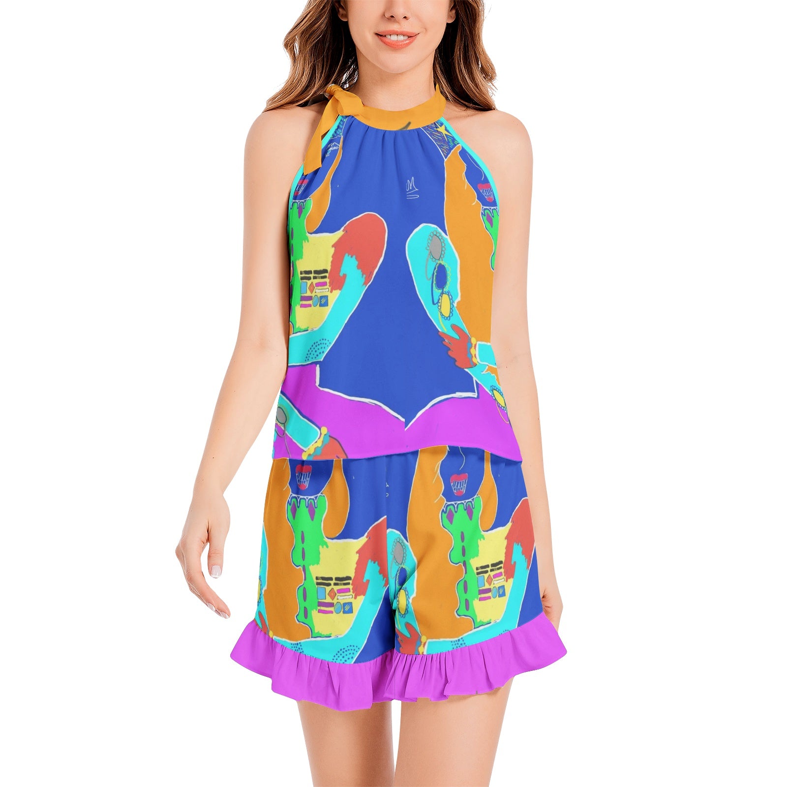 Tie Neck Halter Top and Ruffle Hem Short Set