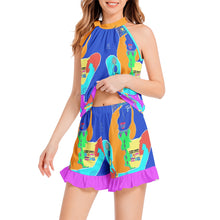 Tie Neck Halter Top and Ruffle Hem Short Set
