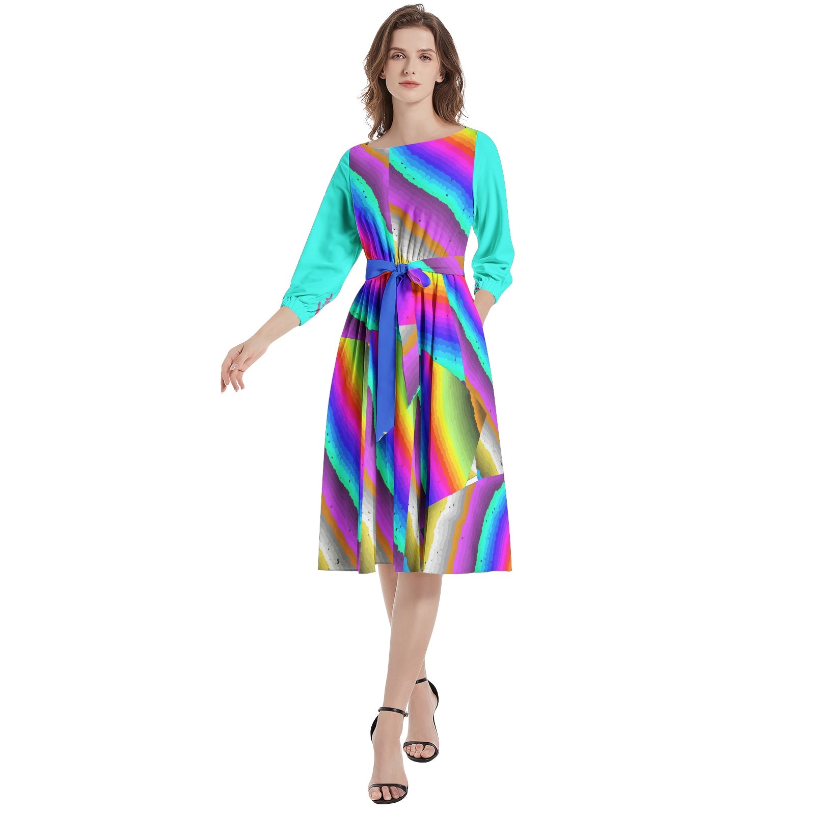 Boat Neck Belted Flared Dress