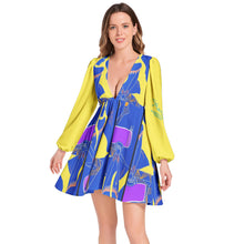 Lantern Sleeve Deep V-Neck Short Dress