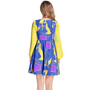 Lantern Sleeve Deep V-Neck Short Dress